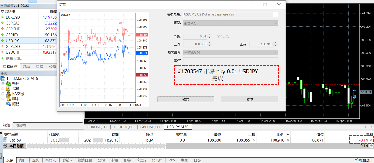 Thinkmarkets（智匯）MT5下單完成