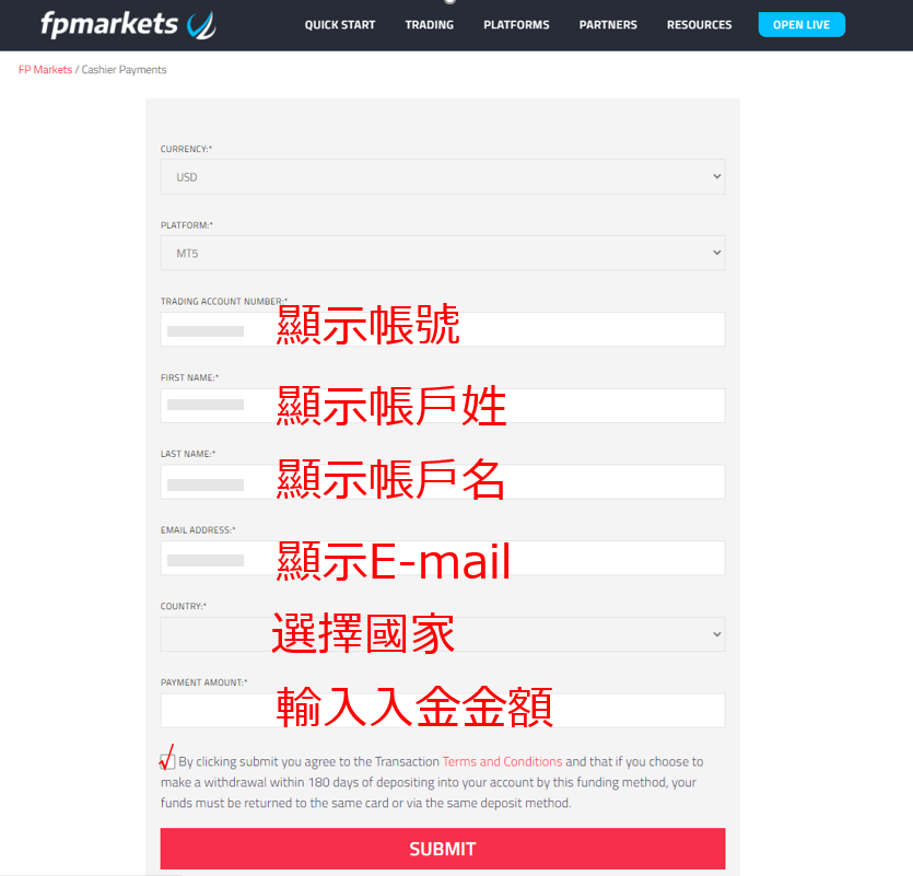 FP Markets信用卡入金頁面