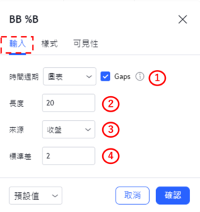 設定布林帶%B指標-輸入