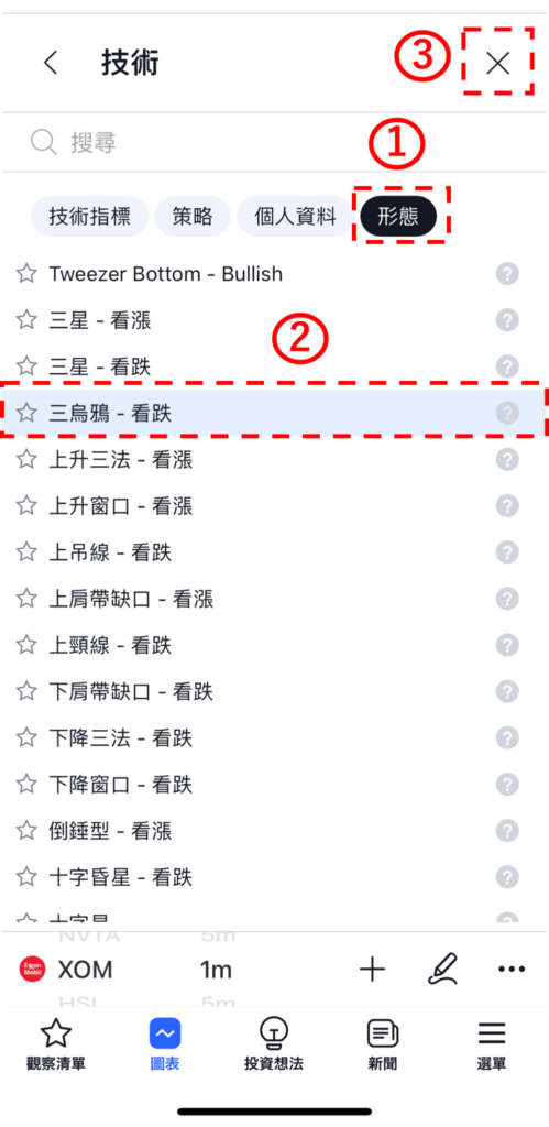 在iPhone版TradingView中設置K線形態「三烏鴉-看跌」的方法7